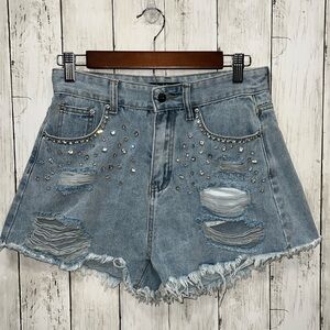 Urban Daizy Rhinestone Festival Denim Shorts Size Medium Distressed Light Wash